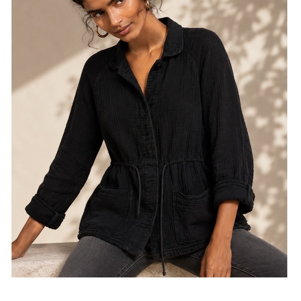 James Perse Utility Jacket Womens 2 Black Cotton Gauze Drawstring Waist Standard